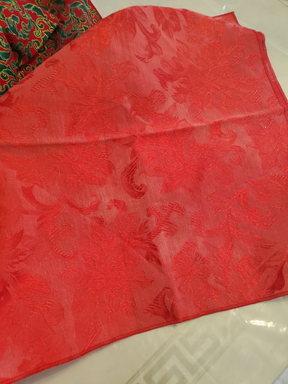 Bright Red Decorative Fabric Set with Green and Gold Scroll Pattern - Unbranded